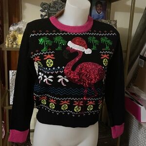 Merry Christmas by Poof Flamingo Sequin Ugly Christmas Sweater